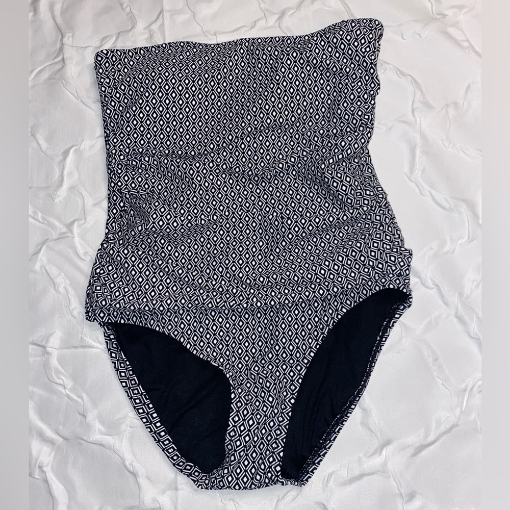 DKNY One-Piece Strapless Swimsuit Black and White Geometric Size Medium